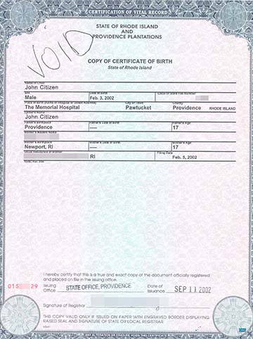 Download United States State office of Rhode Island birth certificate Photoshop template